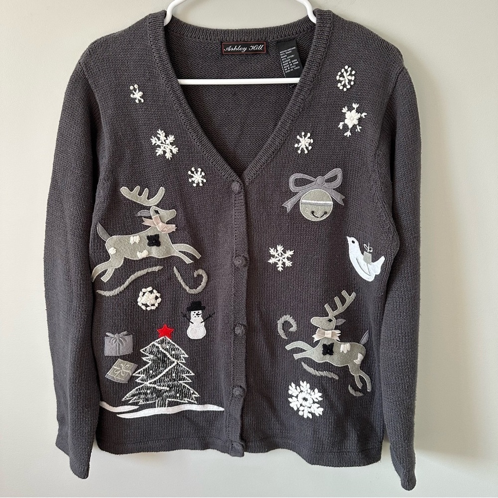 Ashley Hill Sweater Cardigan Womens Size Medium Gray White Christmas Vintage